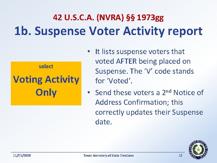 42 U. S. C. A. (NVRA) §§ 1973 gg 1 b. Suspense Voter Activity