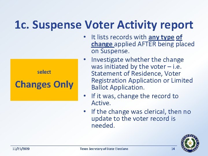 1 c. Suspense Voter Activity report select Changes Only 11/25/2020 • It lists records