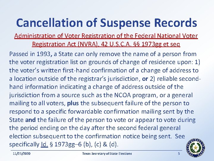 Cancellation of Suspense Records Administration of Voter Registration of the Federal National Voter Registration