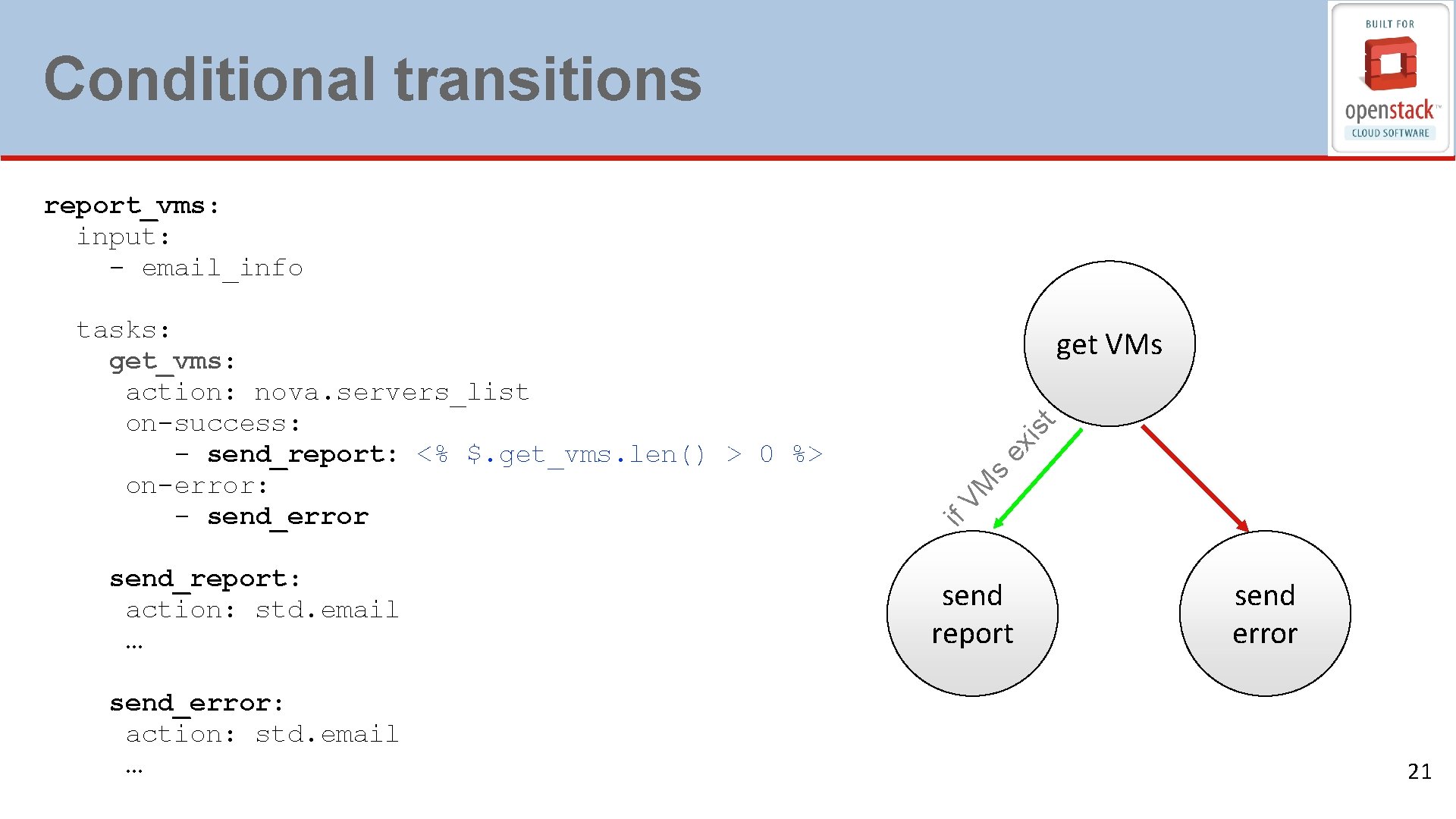 Conditional transitions report_vms: input: - email_info send_report: action: std. email … send_error: action: std.