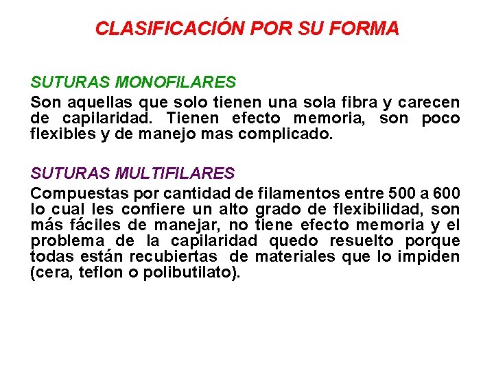 CLASIFICACIÓN POR SU FORMA SUTURAS MONOFILARES Son aquellas que solo tienen una sola fibra