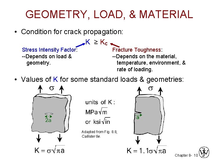 GEOMETRY, LOAD, & MATERIAL • Condition for crack propagation: K ≥ Kc Stress Intensity GEOMETRY, LOAD, & MATERIAL • Condition for crack propagation: K ≥ Kc Stress Intensity