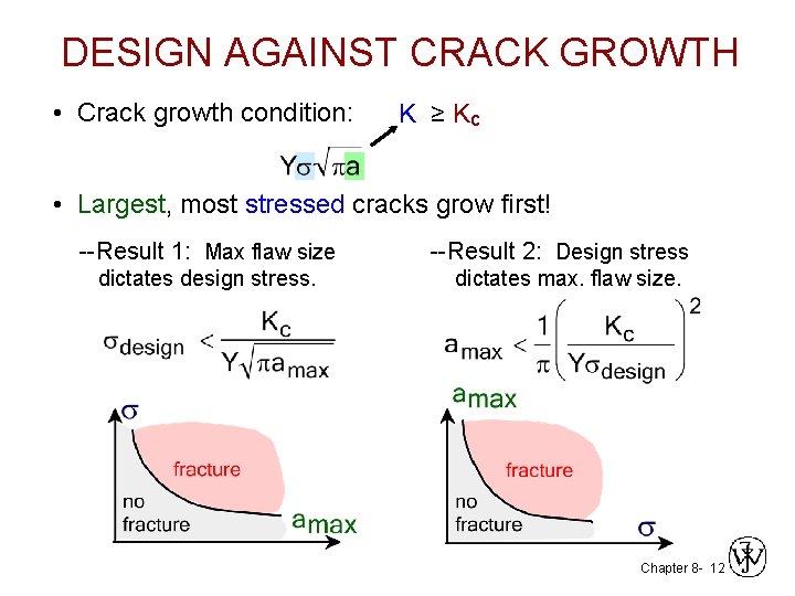 DESIGN AGAINST CRACK GROWTH • Crack growth condition: K ≥ Kc • Largest, most DESIGN AGAINST CRACK GROWTH • Crack growth condition: K ≥ Kc • Largest, most