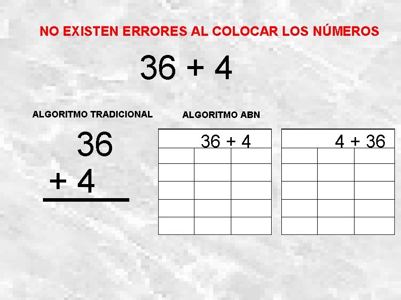 NO EXISTEN ERRORES AL COLOCAR LOS NÚMEROS 36 + 4 ALGORITMO TRADICIONAL 36 +4