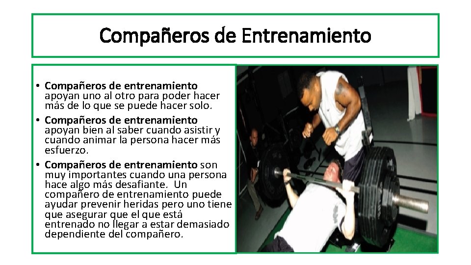Compañeros de Entrenamiento • Compañeros de entrenamiento apoyan uno al otro para poder hacer