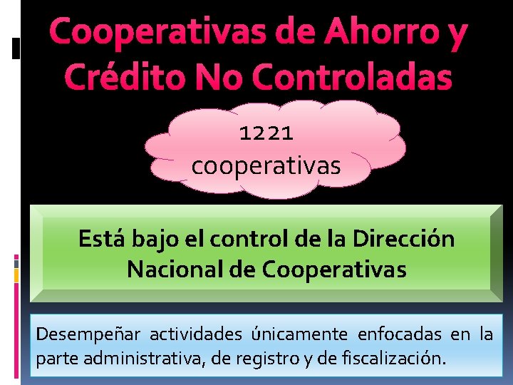 Cooperativas de Ahorro y Crédito No Controladas 1221 cooperativas Está bajo el control de