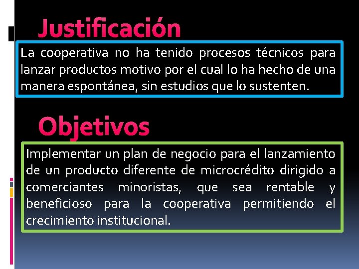 Justificación La cooperativa no ha tenido procesos técnicos para lanzar productos motivo por el