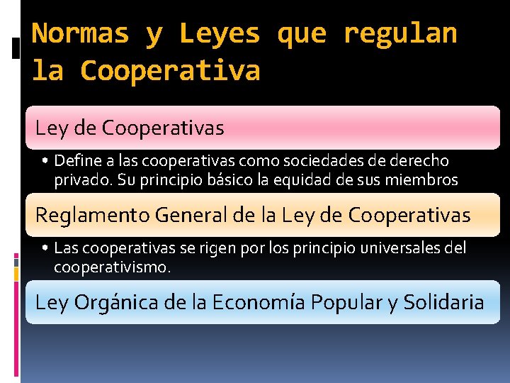 Normas y Leyes que regulan la Cooperativa Ley de Cooperativas • Define a las