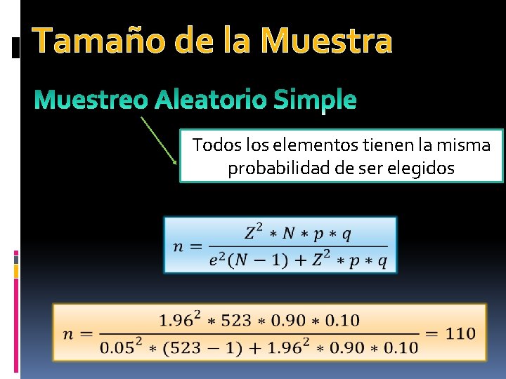 Tamaño de la Muestra Todos los elementos tienen la misma probabilidad de ser elegidos
