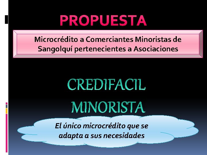 PROPUESTA Microcrédito a Comerciantes Minoristas de Sangolquí pertenecientes a Asociaciones CREDIFACIL MINORISTA El único