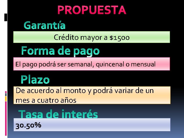 PROPUESTA Crédito mayor a $1500 El pago podrá ser semanal, quincenal o mensual De