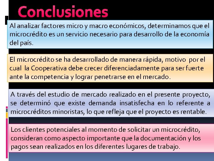 Conclusiones Al analizar factores micro y macro económicos, determinamos que el microcrédito es un