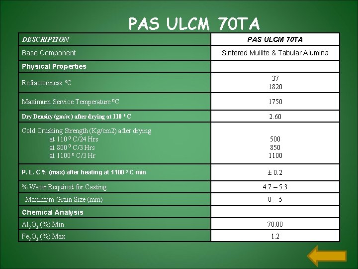 PAS ULCM 70 TA DESCRIPTION Base Component PAS ULCM 70 TA Sintered Mullite & PAS ULCM 70 TA DESCRIPTION Base Component PAS ULCM 70 TA Sintered Mullite &