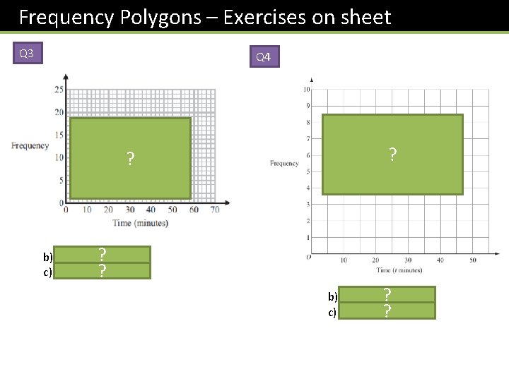 Frequency Polygons – Exercises on sheet Q 3 Q 4 ? b) 30 <