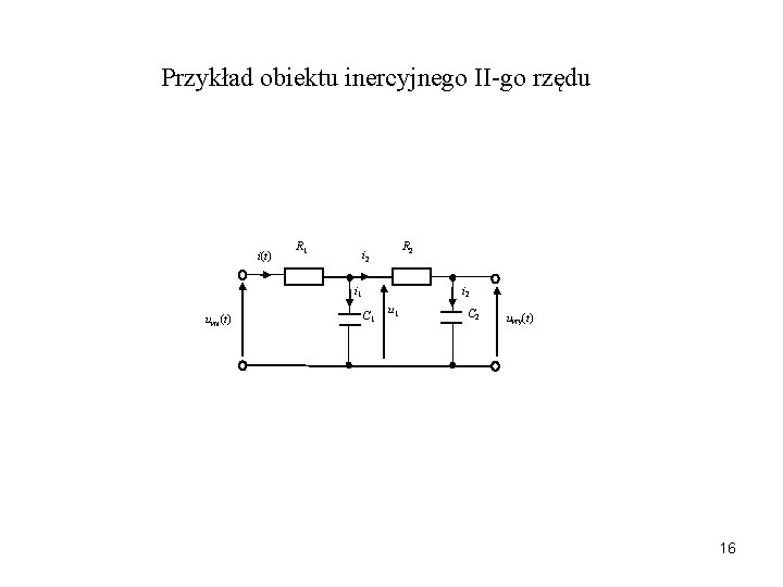 Przykład obiektu inercyjnego II-go rzędu i(t) R 1 R 2 i 1 uwe(t) i