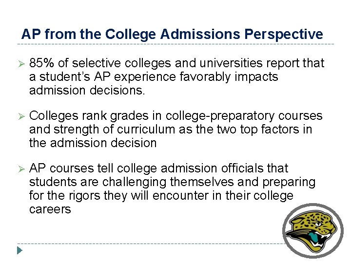 AP from the College Admissions Perspective Ø 85% of selective colleges and universities report