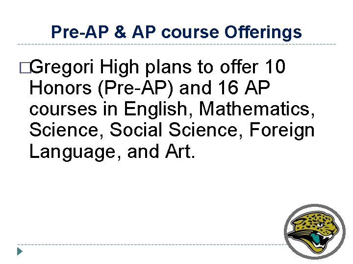 Pre-AP & AP course Offerings �Gregori High plans to offer 10 Honors (Pre-AP) and