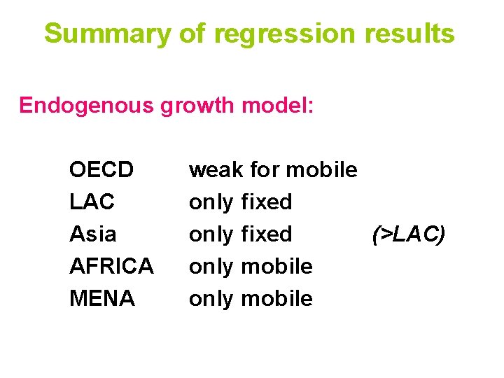 Summary of regression results Endogenous growth model: OECD LAC Asia AFRICA MENA weak for