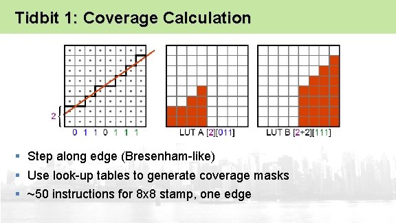 Tidbit 1: Coverage Calculation § Step along edge (Bresenham-like) § Use look-up tables to