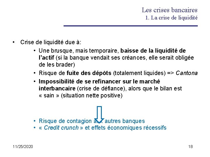 Les crises bancaires 1. La crise de liquidité • Crise de liquidité due à: