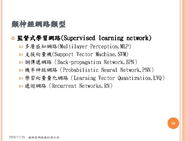 類神經網路類型 監督式學習網路(Supervised learning network) 多層感知網路(Multilayer Perception, MLP) 支援向量機(Support Vector Machine, SVM) 倒傳遞網路（Back-propagation Network, BPN）