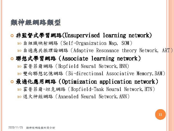 類神經網路類型 非監督式學習網路(Unsupervised learning network) 自組織映射網路（Self-Organization Map, SOM） 自適應共振理論網路（Adaptive Resonance theory Network, ART） 聯想式學習網路（Associate learning