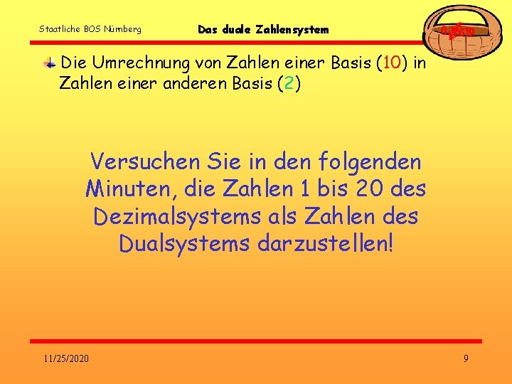 Staatliche BOS Nürnberg Das duale Zahlensystem 0123456789 Die Umrechnung von Zahlen einer Basis (10) Staatliche BOS Nürnberg Das duale Zahlensystem 0123456789 Die Umrechnung von Zahlen einer Basis (10)