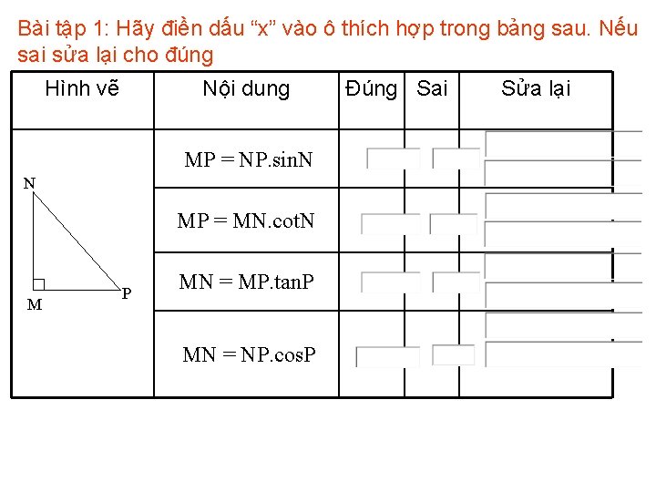 Bài tập 1: Hãy điền dấu “x” vào ô thích hợp trong bảng sau.