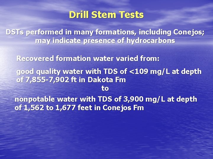 Drill Stem Tests DSTs performed in many formations, including Conejos; may indicate presence of Drill Stem Tests DSTs performed in many formations, including Conejos; may indicate presence of