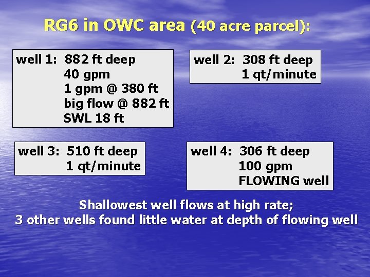 RG 6 in OWC area (40 acre parcel): well 1: 882 ft deep 40 RG 6 in OWC area (40 acre parcel): well 1: 882 ft deep 40