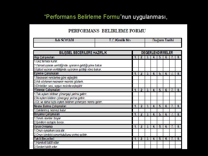 “Performans Belirleme Formu”nun uygulanması, 