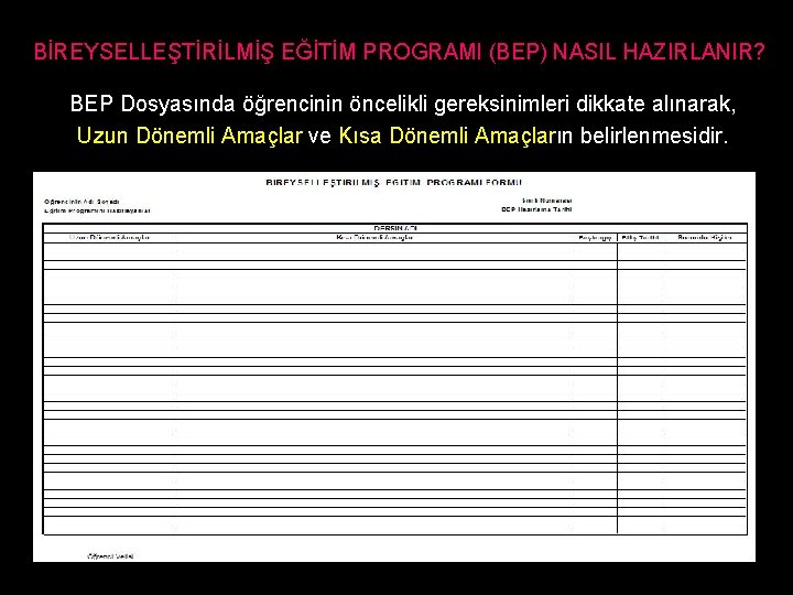 BİREYSELLEŞTİRİLMİŞ EĞİTİM PROGRAMI (BEP) NASIL HAZIRLANIR? BEP Dosyasında öğrencinin öncelikli gereksinimleri dikkate alınarak, Uzun