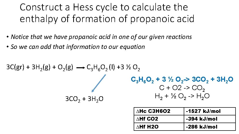 Construct a Hess cycle to calculate the enthalpy of formation of propanoic acid •