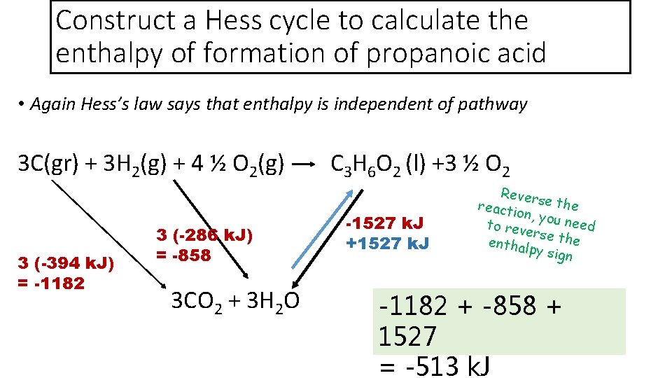 Construct a Hess cycle to calculate the enthalpy of formation of propanoic acid •