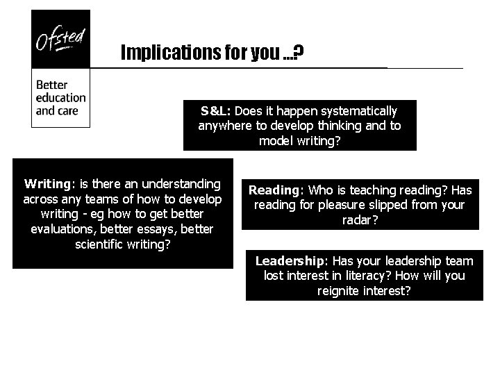 Implications for you …? S&L: Does it happen systematically anywhere to develop thinking and