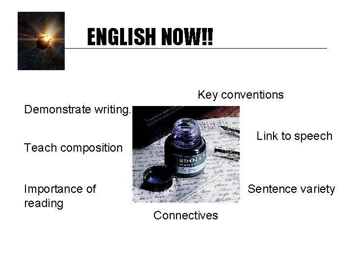 ENGLISH NOW!! Key conventions Demonstrate writing. Link to speech Teach composition Importance of reading