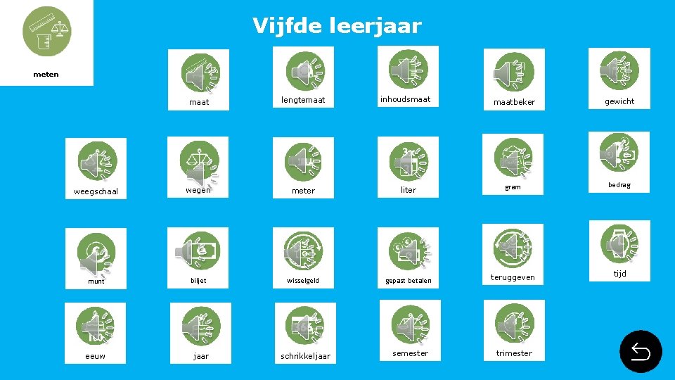 Vijfde leerjaar meten maat lengtemaat weegschaal wegen meter munt biljet eeuw jaar inhoudsmaatbeker gewicht