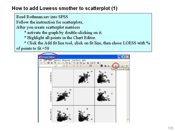 How to add Lowess smother to scatterplot (1) Read Rothman. sav into SPSS Follow