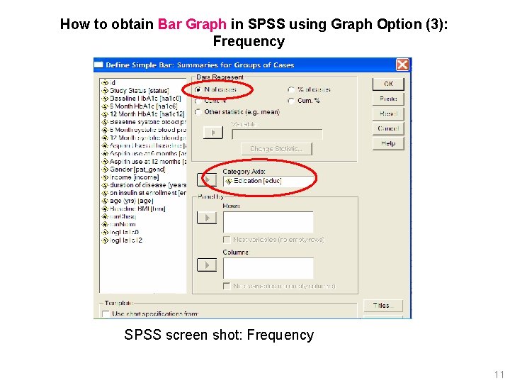 How to obtain Bar Graph in SPSS using Graph Option (3): Frequency SPSS screen