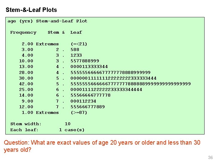 Stem-&-Leaf Plots age (yrs) Stem-and-Leaf Plot Frequency Stem & 2. 00 Extremes 3. 00