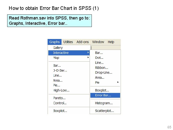 How to obtain Error Bar Chart in SPSS (1) Read Rothman. sav into SPSS,