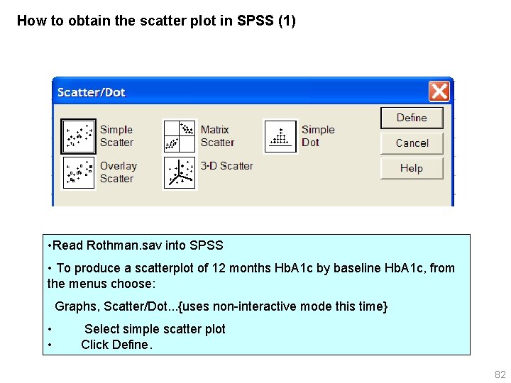 How to obtain the scatter plot in SPSS (1) • Read Rothman. sav into