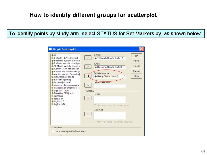 How to identify different groups for scatterplot To identify points by study arm, select