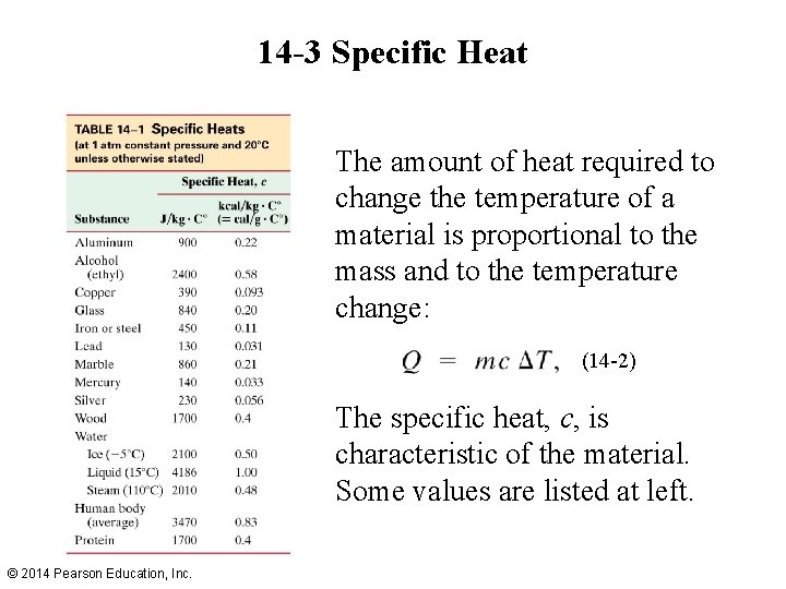 14 -3 Specific Heat The amount of heat required to change the temperature of