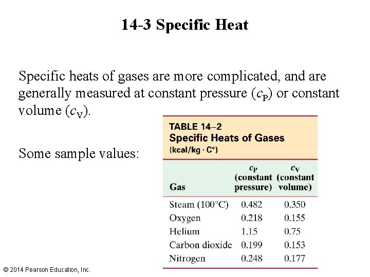 14 -3 Specific Heat Specific heats of gases are more complicated, and are generally