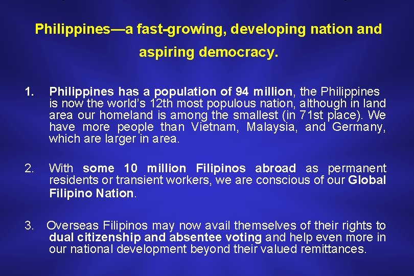 Philippines—a fast-growing, developing nation and aspiring democracy. 1. Philippines has a population of 94