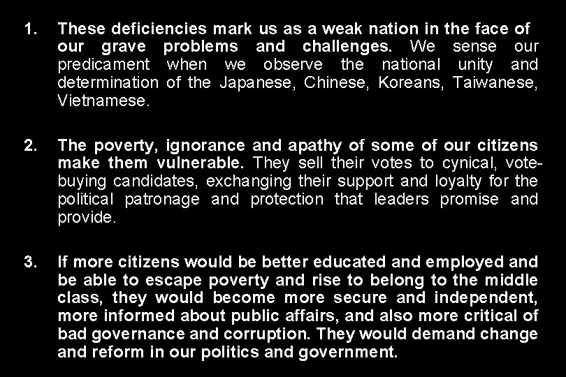 1. These deficiencies mark us as a weak nation in the face of our