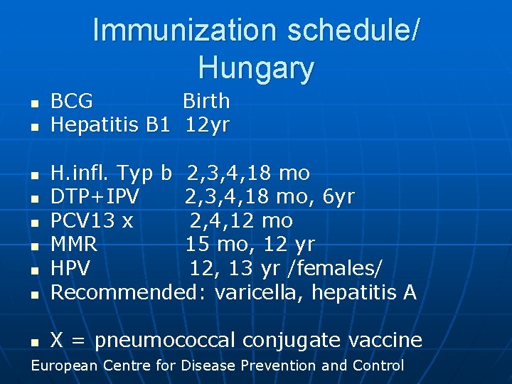 Immunization schedule/ Hungary n n BCG Birth Hepatitis B 1 12 yr n H.