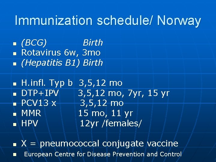 Immunization schedule/ Norway n n n (BCG) Birth Rotavirus 6 w, 3 mo (Hepatitis