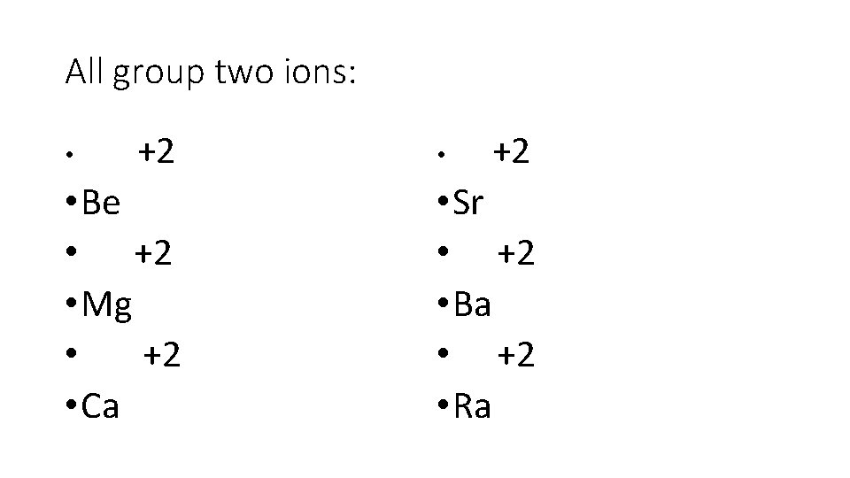 All group two ions: • +2 • Be • +2 • Mg • +2 All group two ions: • +2 • Be • +2 • Mg • +2